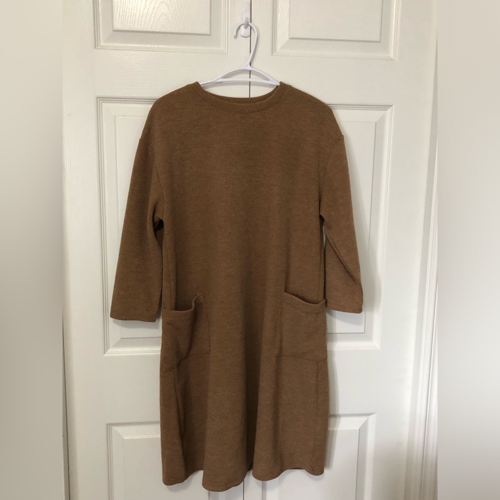 Suzy Shier Camel Brown Crewneck Pocket Sweater Dress